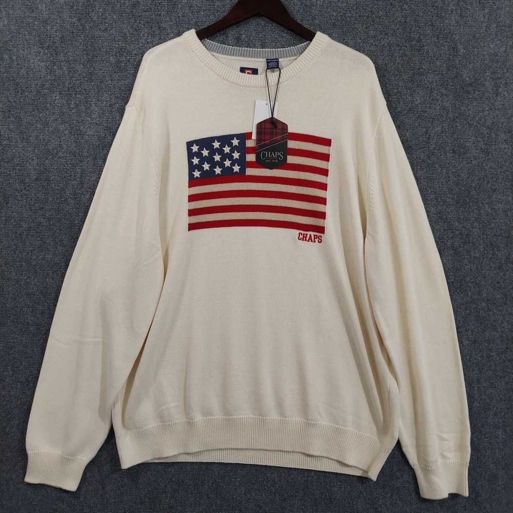 Chaps Sweater Mens 2XL White USA Flag Knit Crewneck Cotton Pullover Patriotic